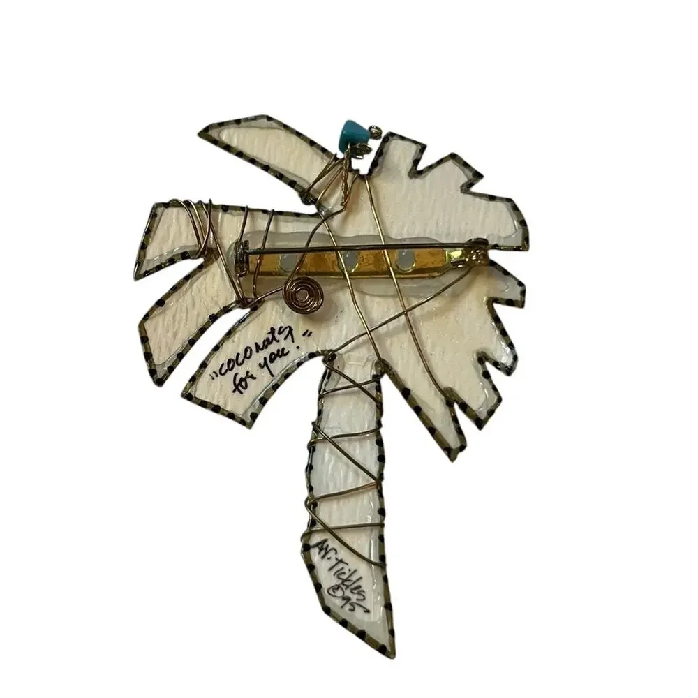 Palm Tree Brooch PIN Wire & Beads On Paper Signed By AR Tickles 1995 Coconuts